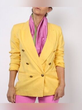 Adolfo Studio Yellow Linen Double Breasted Blazer‎ Jacket Size 26W